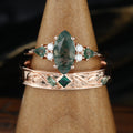 Forever Glow Moss Agate Couple Rings | Rose Gold Leaf Wedding Bridal Set (Copy)