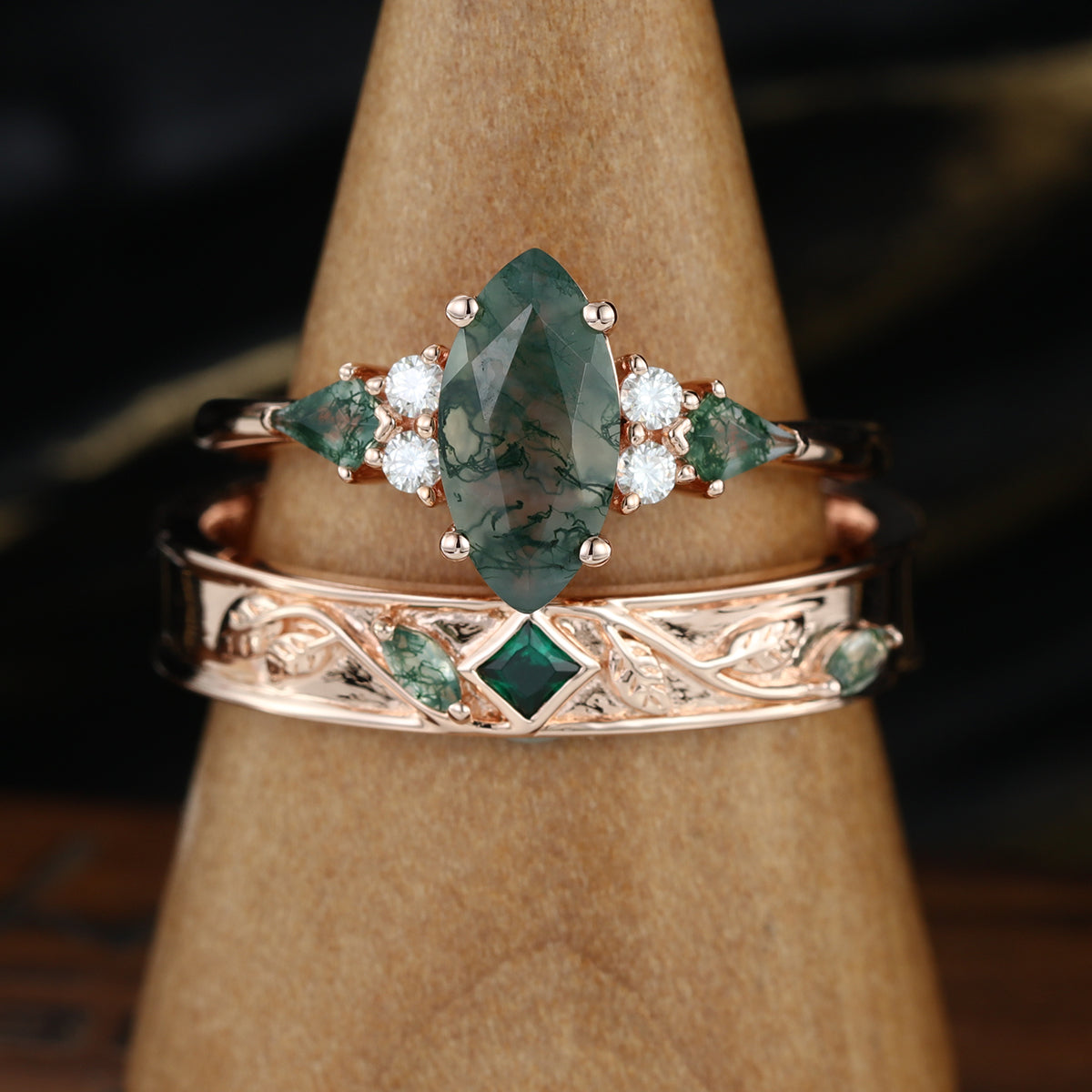 Forever Glow Moss Agate Couple Rings | Rose Gold Leaf Wedding Bridal Set (Copy)