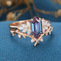 Long Hexagon cut Alexandrite Engagement Ring Bridal Set 