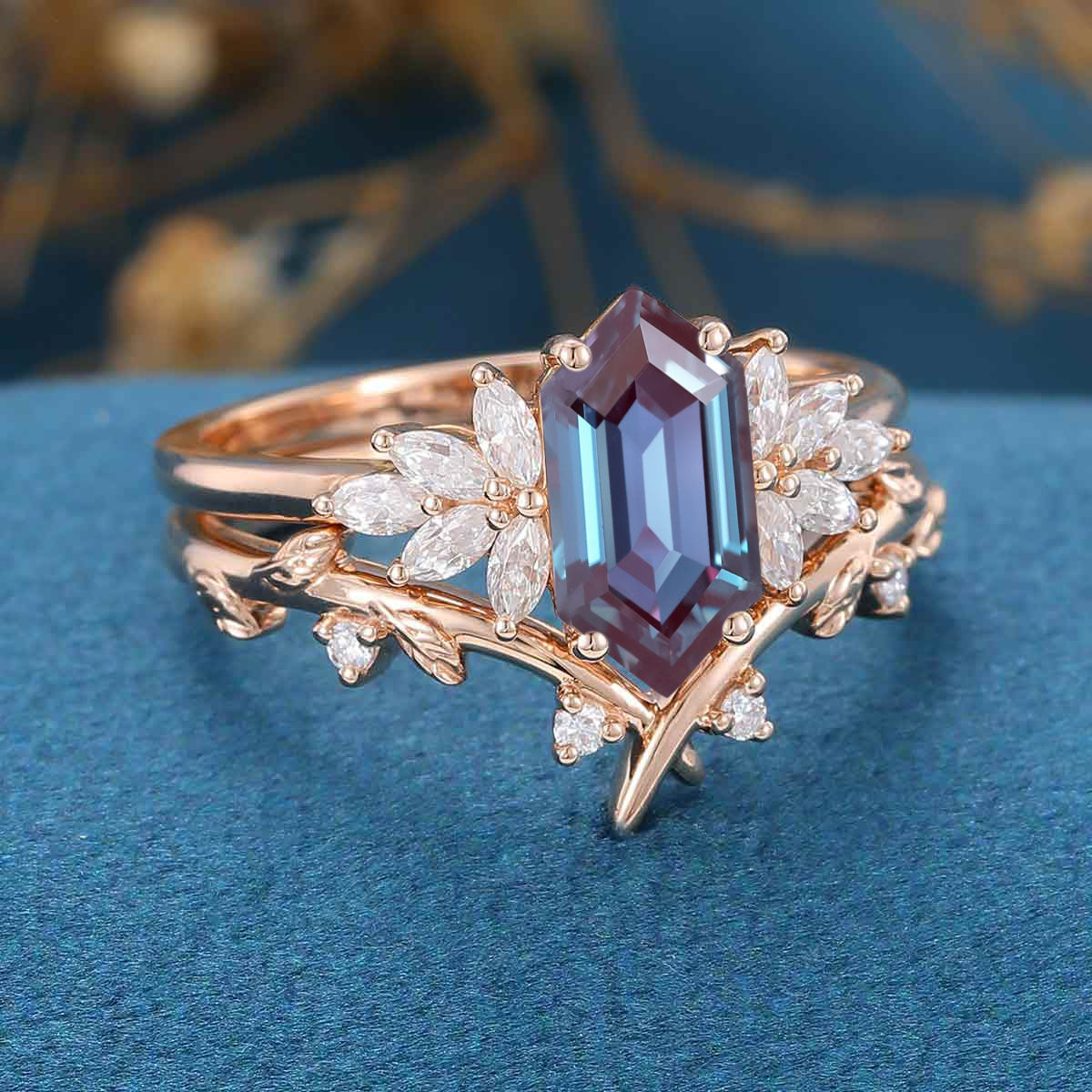 Long Hexagon cut Alexandrite Engagement Ring Bridal Set 