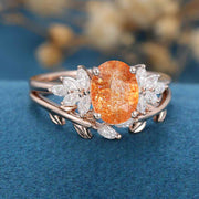 Oval cut Sunstone Cluster Engagement ring Bridal Set 