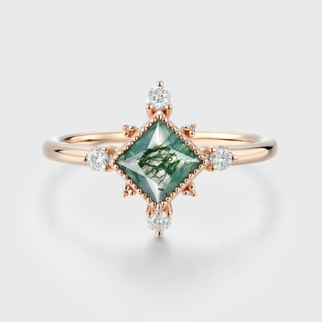 Bezel Set Princess Cut Moss Agate Halo Moissanite | Diamond Gold Engagement Ring