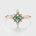 Bezel Set Princess Cut Moss Agate Halo Moissanite | Diamond Gold Engagement Ring