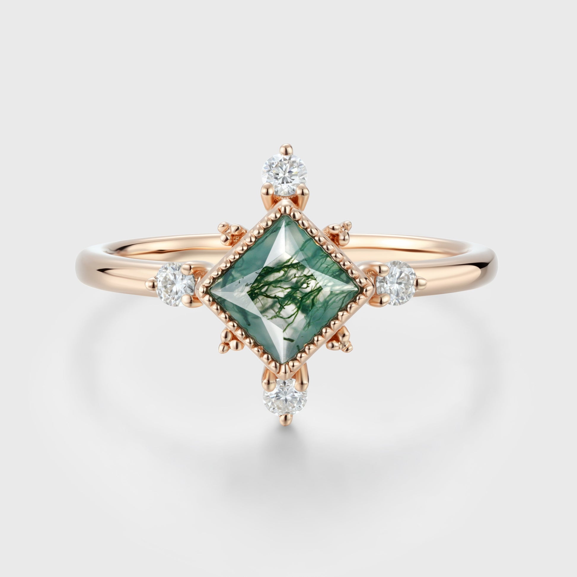 Bezel Set Princess Cut Moss Agate Halo Moissanite | Diamond Gold Engagement Ring
