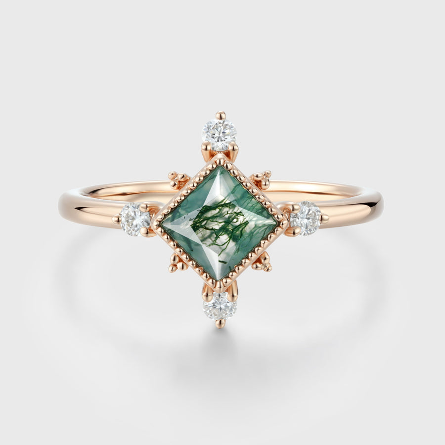 Bezel Set Princess Cut Moss Agate Halo Moissanite | Diamond Gold Engagement Ring