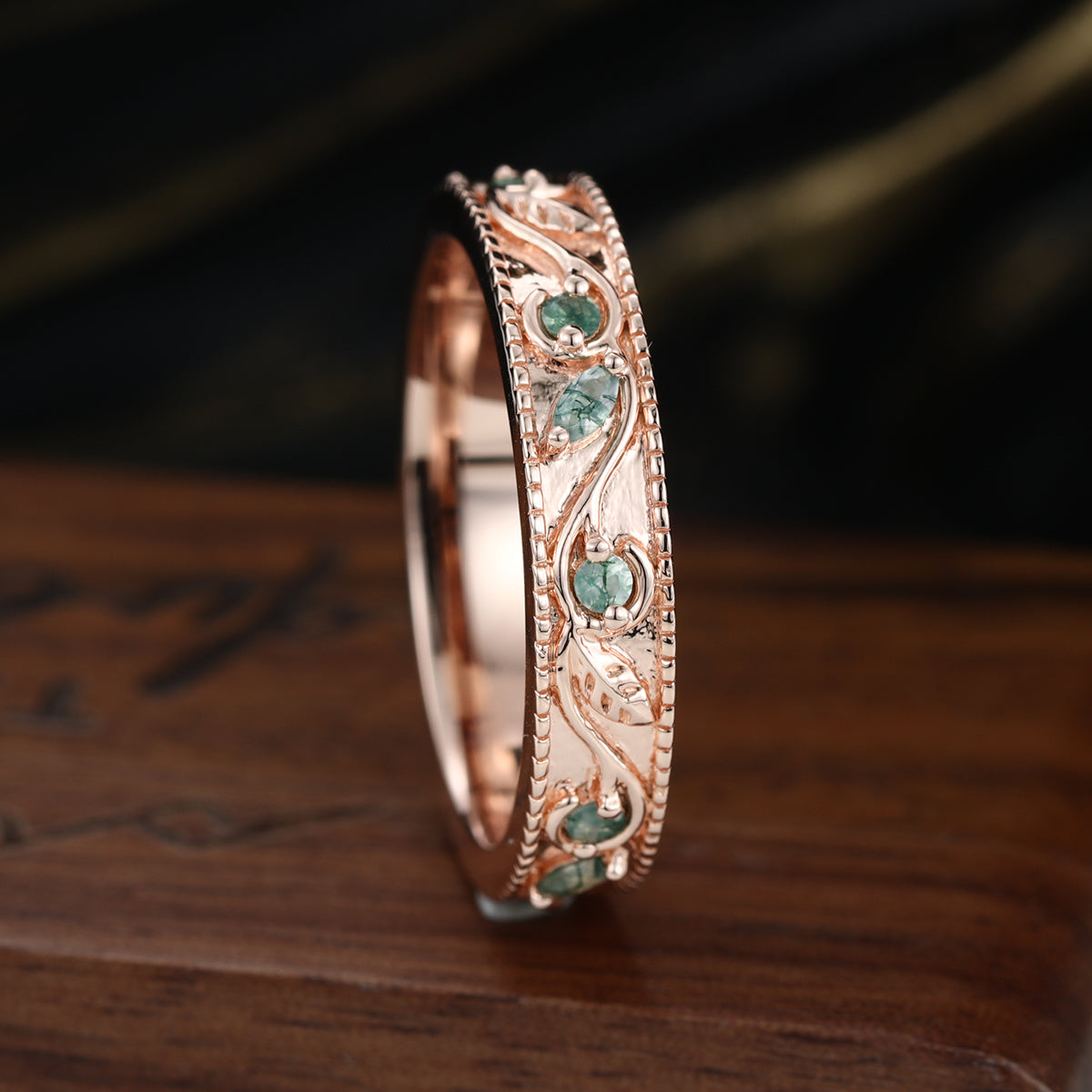 Luxury Men's Moss Agate Engagement Band - Solid gold men ring