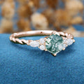 Hexagon Cut Natural Green Moss Agate Cluster Engagement Ring 