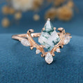 Kite Cut Natural Green Moss Agate Cluster Engagement Ring 