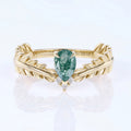 Nature Inspired Pear cut Moss Agate Leaf Gold Engagement Ring