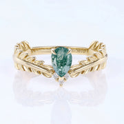 Nature Inspired Pear cut Moss Agate Leaf Gold Engagement Ring