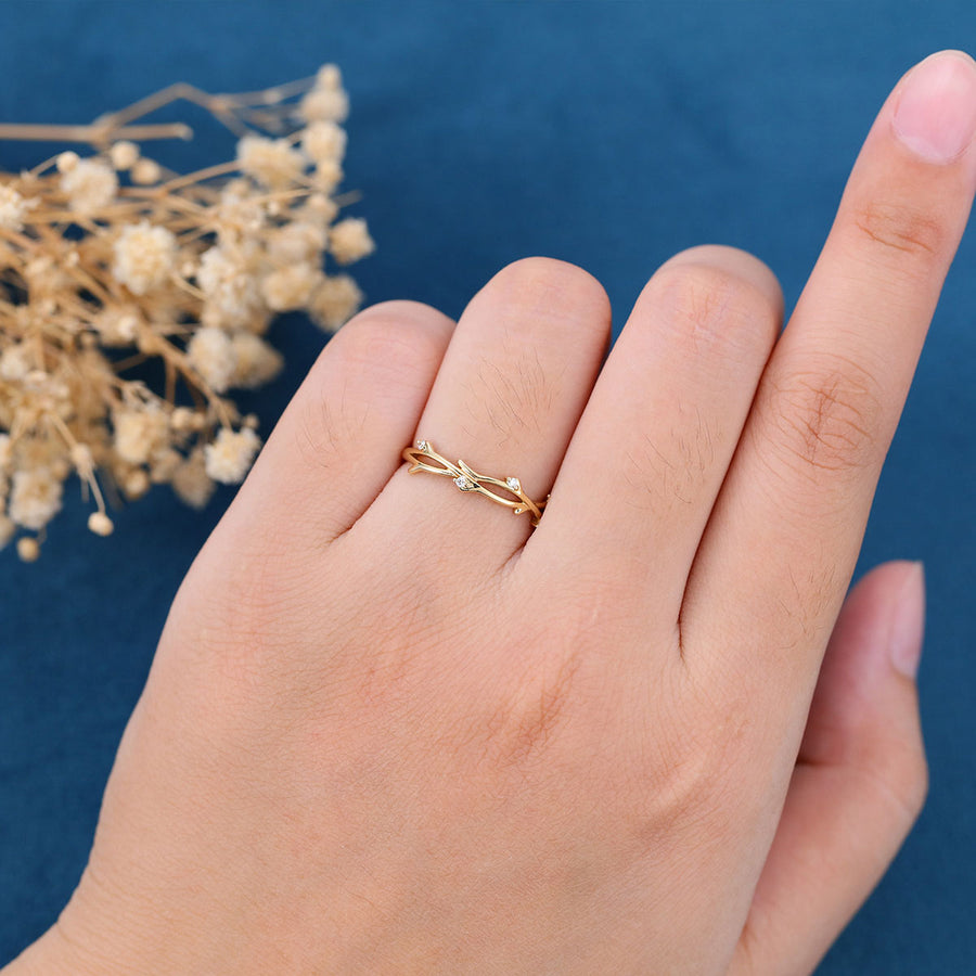 Nature Inspired Moissanite | Diamonds Leaf branch stacking Gold wedding ring