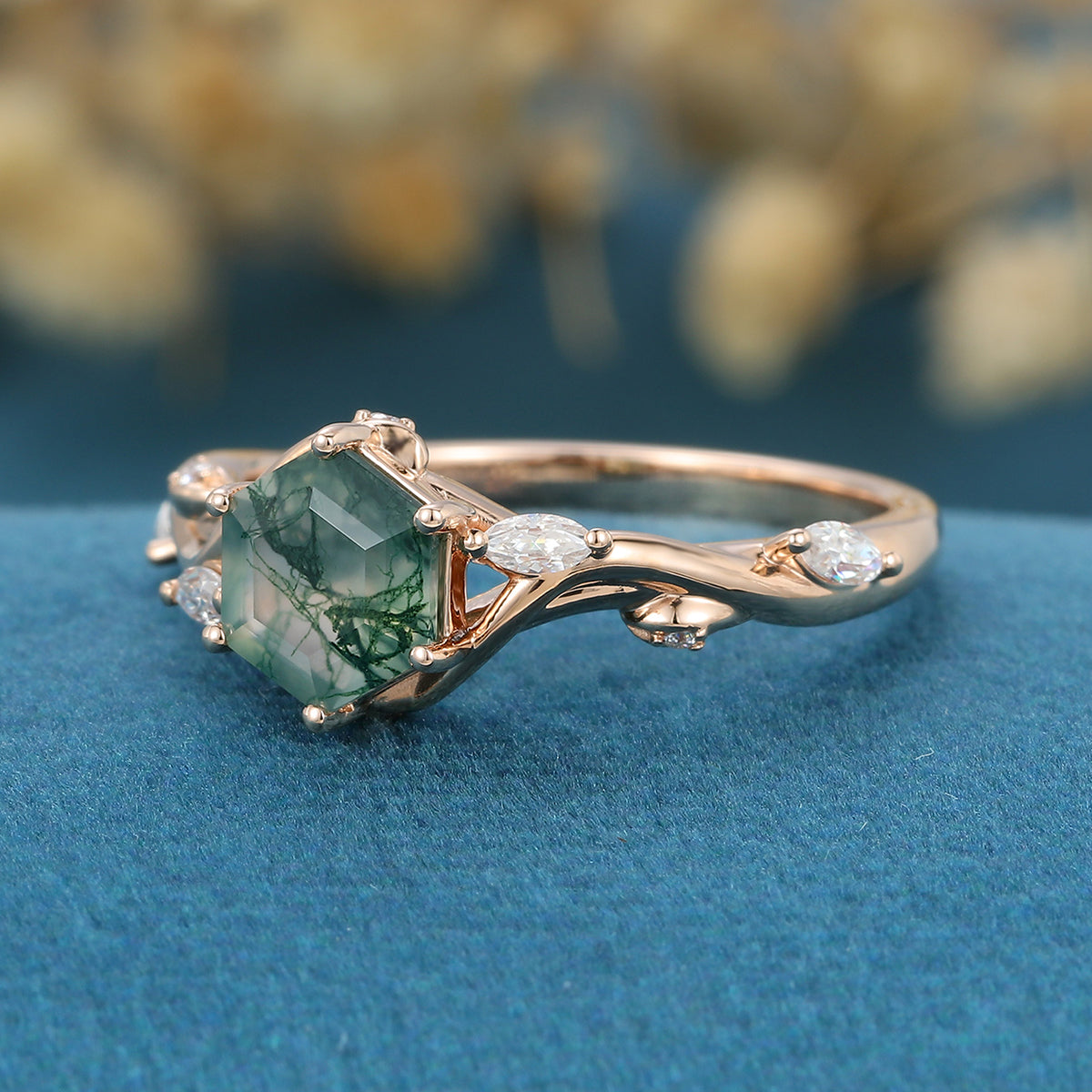 Inspired Hexagon Cut Natural Green Moss Agate  Engagement Ring