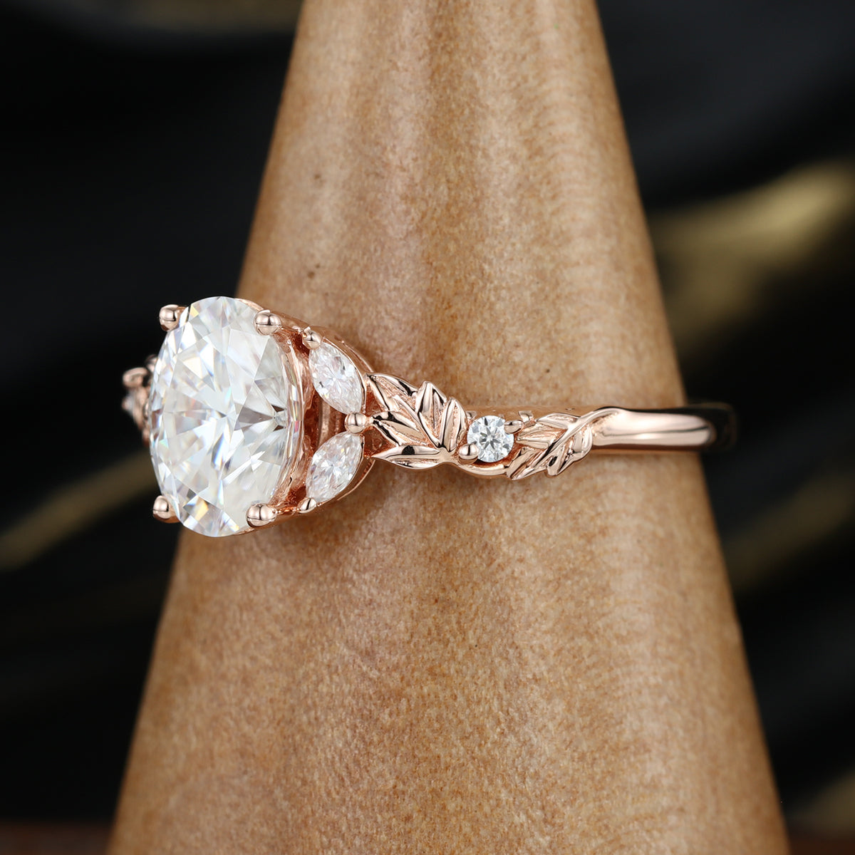 Nature Inspired Oval cut Moissanite Leaf Gold Engagement Ring