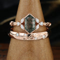 Long Hexagon cut Moss Agate + Diamonds Couple Ring Set His and Hers Wedding Bridal Set