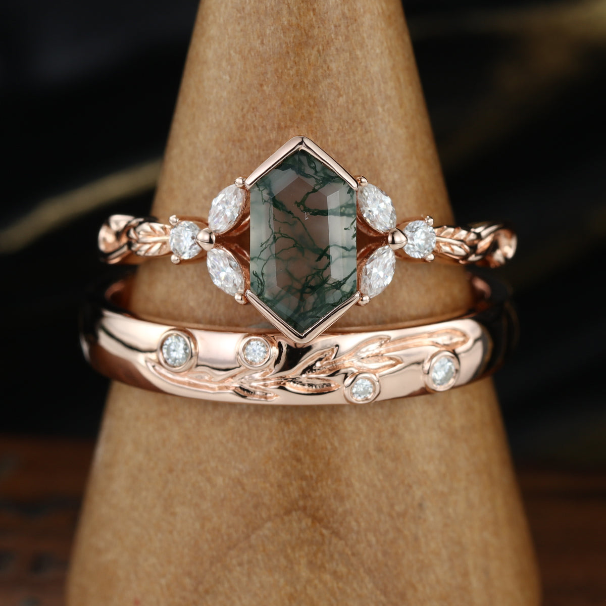 Long Hexagon cut Moss Agate + Diamonds Couple Ring Set His and Hers Wedding Bridal Set