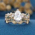 Pear Cut Moissanite Engagement ring + Marquise Moss agate Wedding Bridal Set