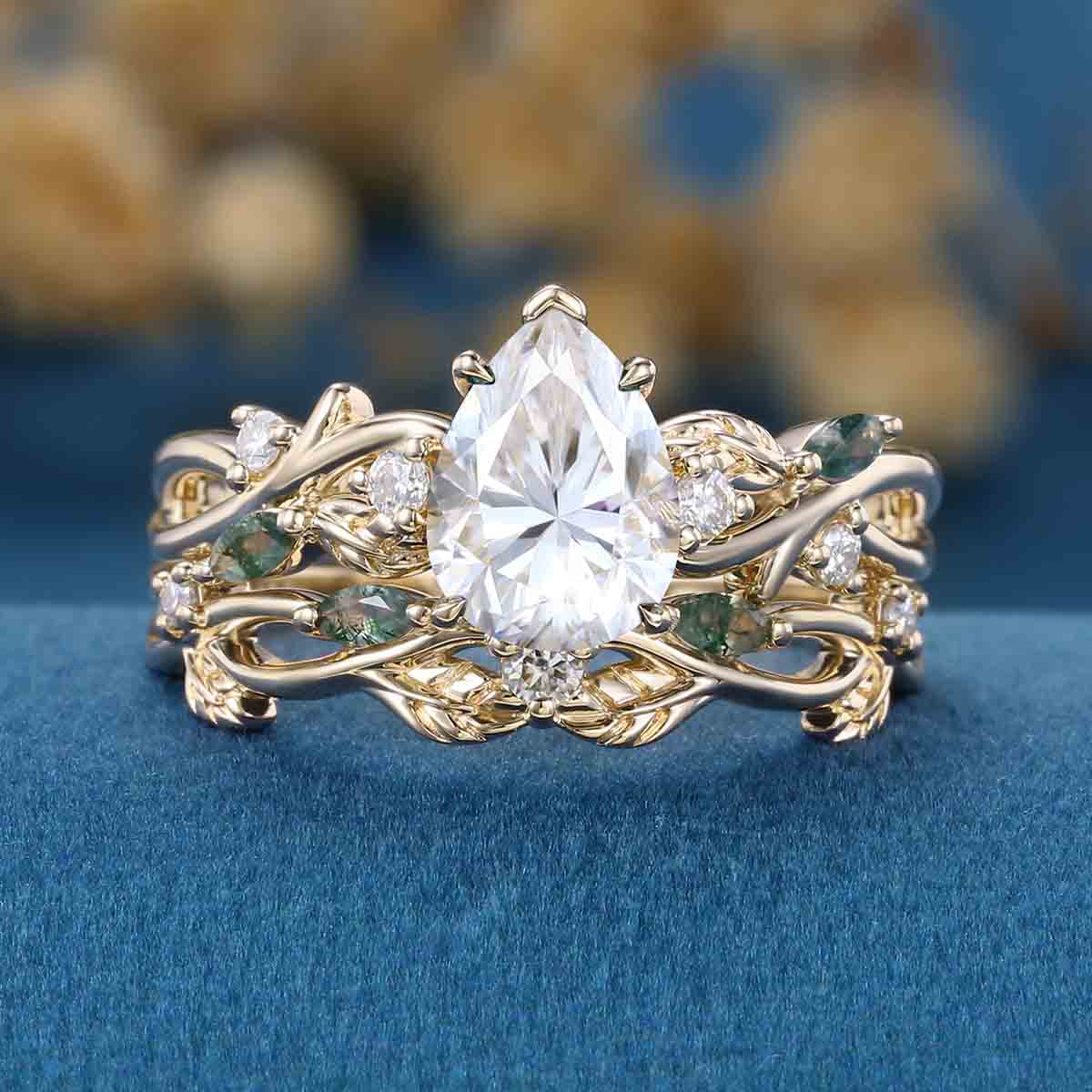 Pear Cut Moissanite Engagement ring + Marquise Moss agate Wedding Bridal Set
