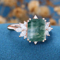 Emerald Cut Natural Green Moss Agate Cluster Engagement Ring 