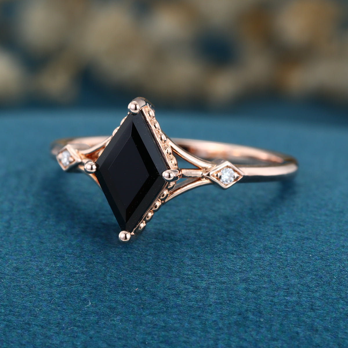 Lozenge cut Black Onyx Solid Gold Engagement Ring