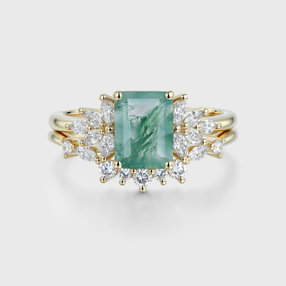 Emerald cut Moss Agate Engagement ring Bridal Set