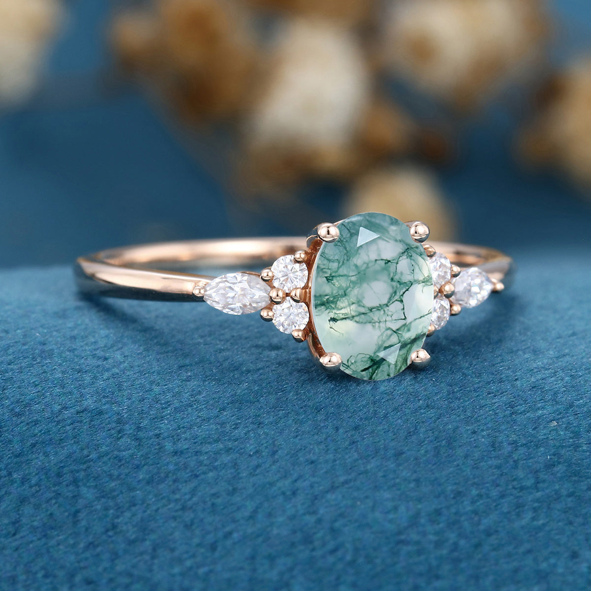 Natural Green Moss Agate Oval cut cluster Engagement Ring 