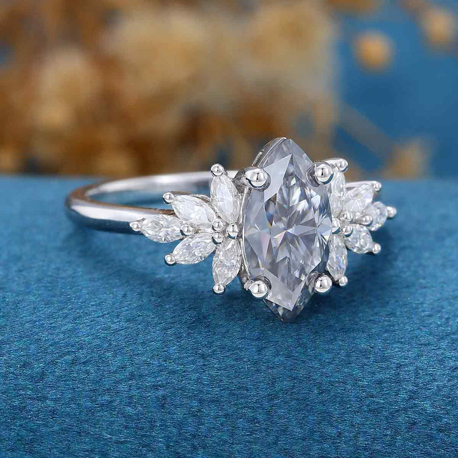 Marquise cut Gray Moissanite Cluster Engagement ring