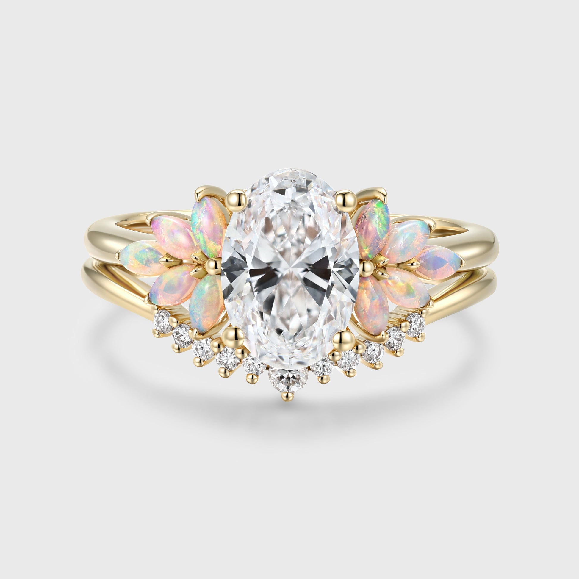 Oval cut Lab-Grown Diamond Engagement ring Rose gold Cluster Opal Curved Diamond Wedding Bridal Set