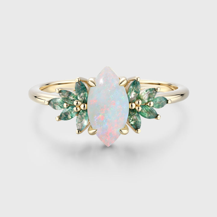 Marquise cut Opal Cluster Moss Agate Engagement Ring