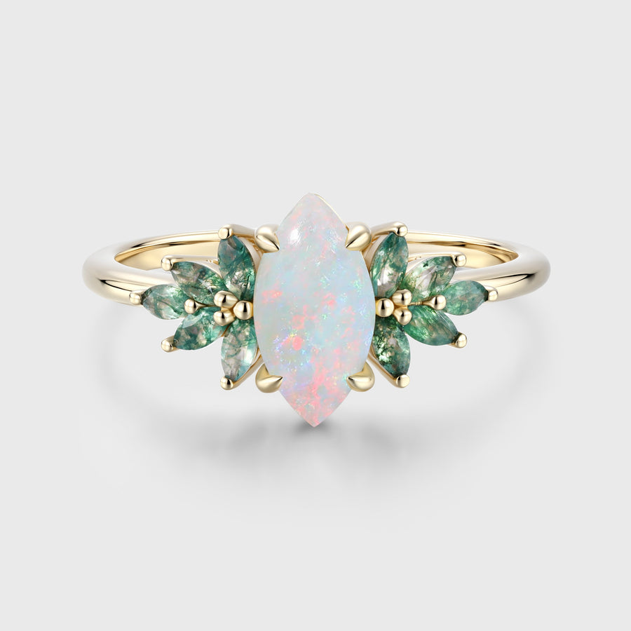 Marquise cut Opal Cluster Moss Agate Engagement Ring