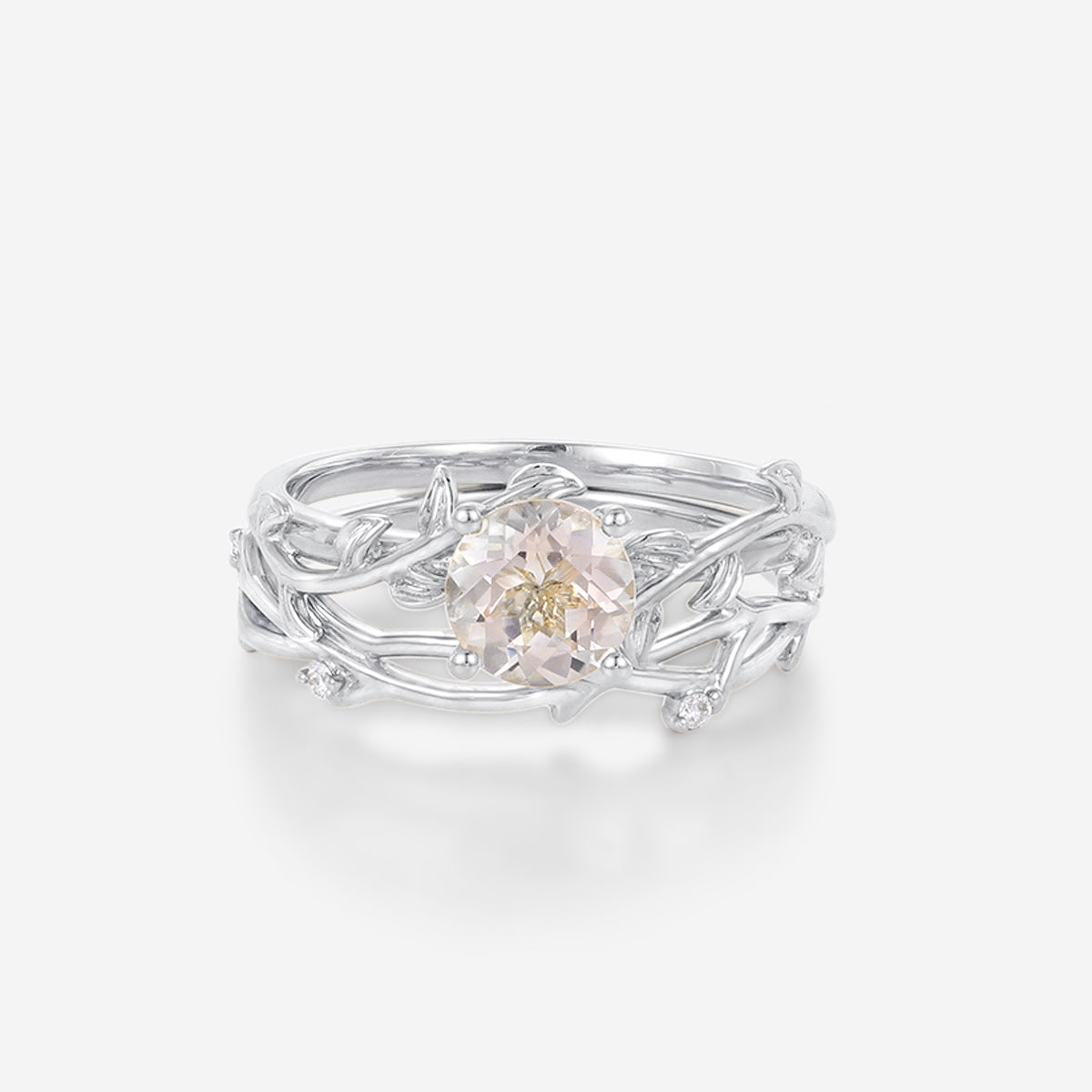 Nature Inspired Round cut Morganite Leaf Gold ring set