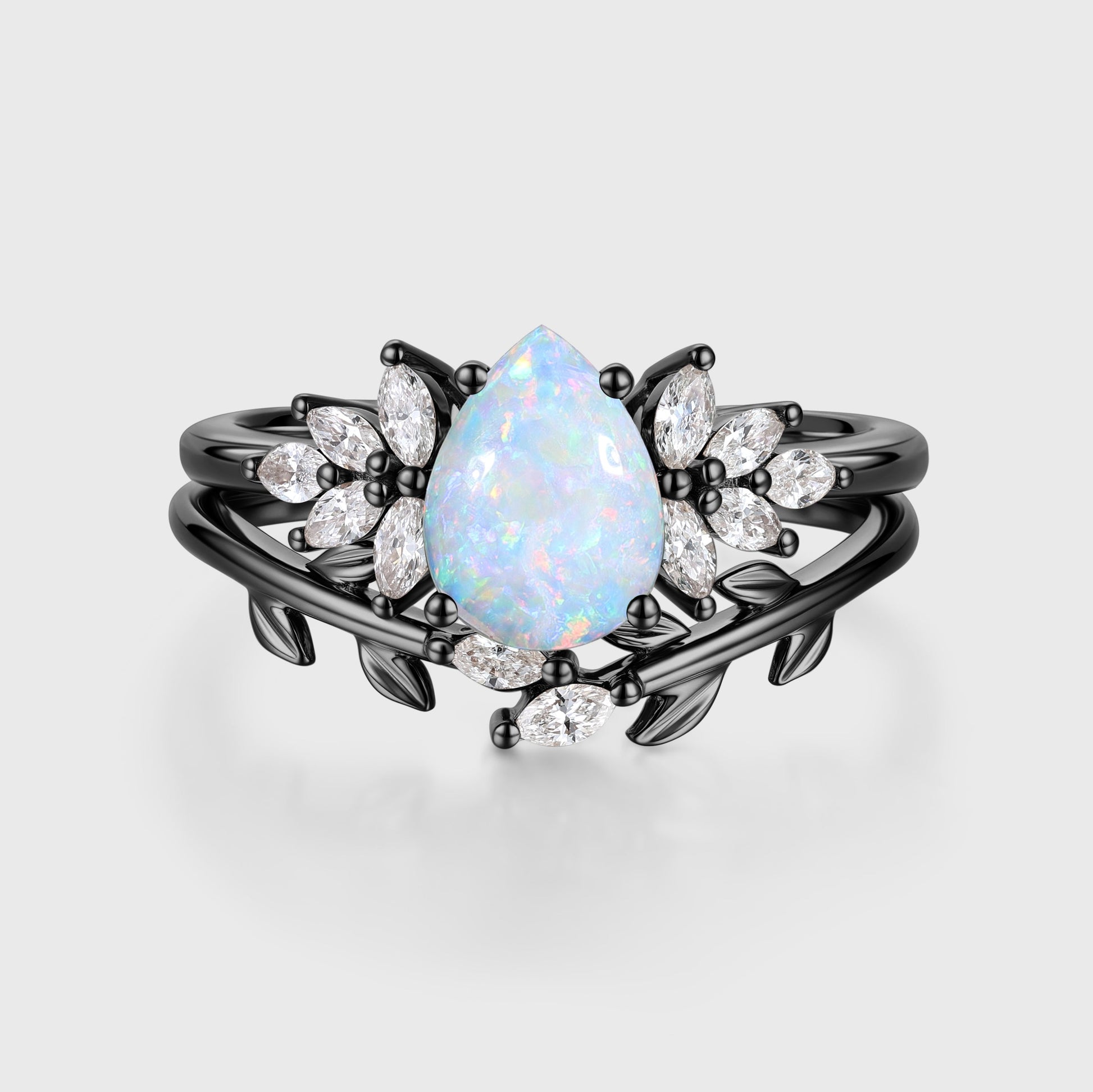 Pear cut Opal Cluster Engagement ring Bridal Set