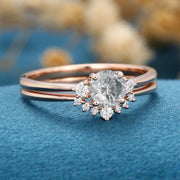 Round cut Gray Moissanite Cluster Engagement ring Bridal Set 