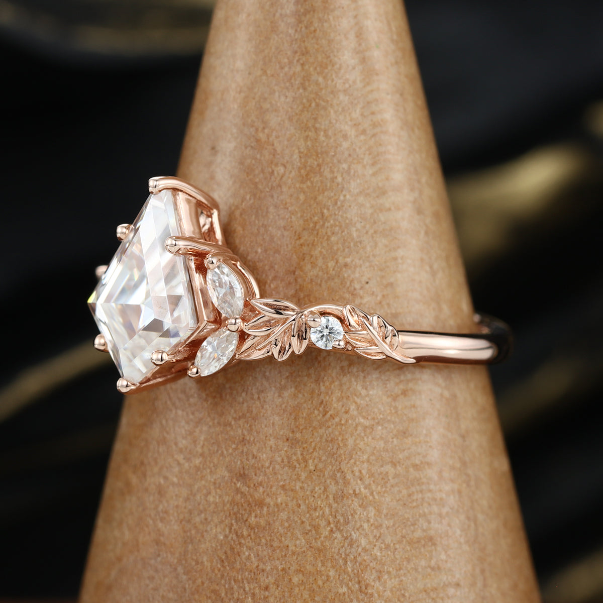 Nature Inspired Solid Gold Kite cut Moissanite Leaf Engagement Ring