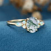 Natural Green Moss Agate Oval cut cluster Engagement Ring 