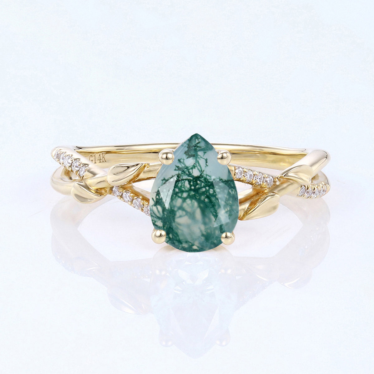 Nature Inspired Pear cut Moss Agate Leaf Gold Engagement Ring