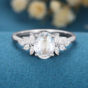 Oval cut White Sapphire  Cluster Engagement Ring