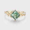Nature Inspired Princess cut Moss Agate Damonds Leaf Gold Engagement Ring