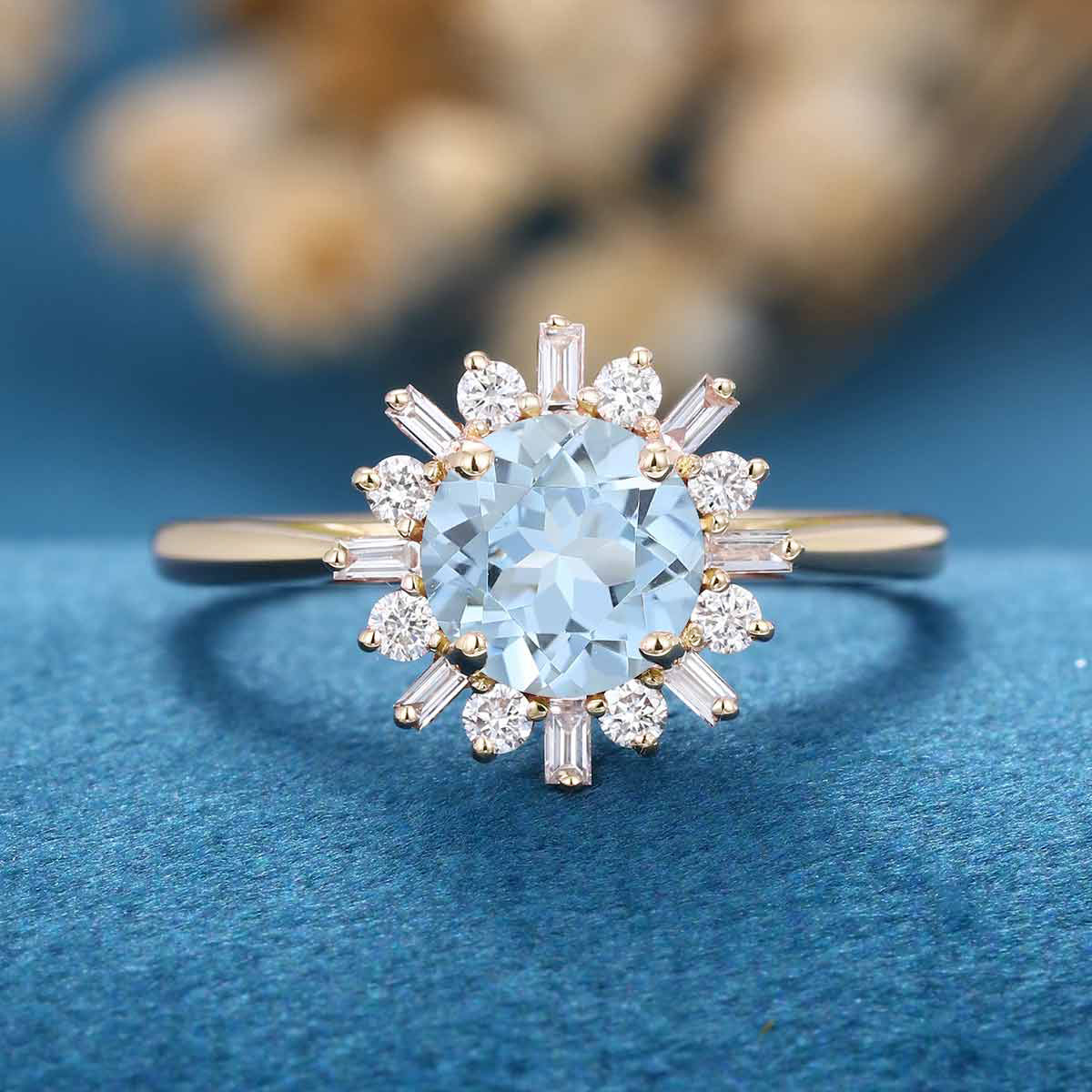 Round cut Aquamarine Halo Engagement Ring