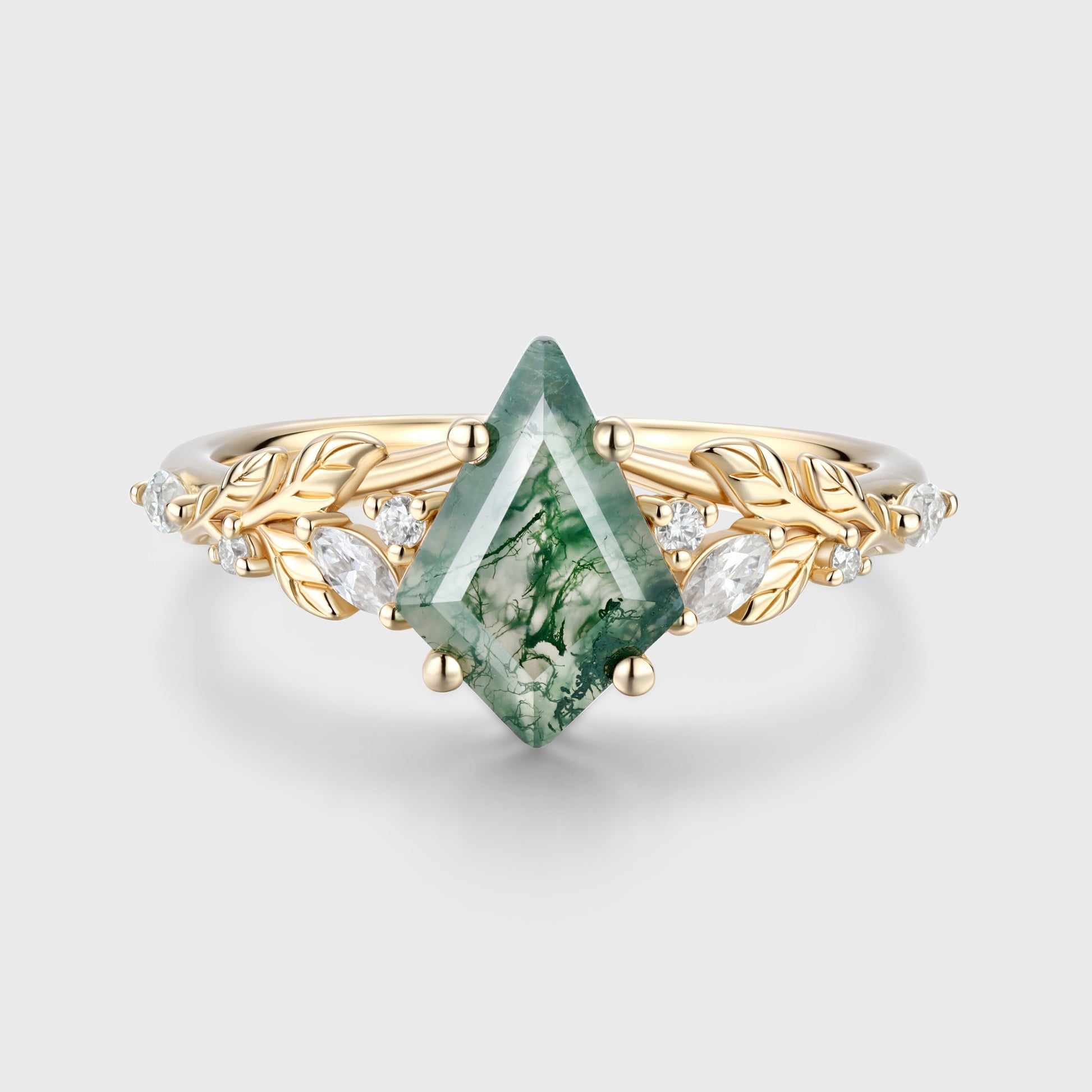 Nature Inspired Kite cut Moss Agate Leaf Gold Engagement Ring