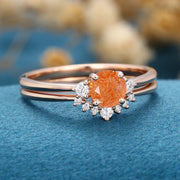 Round cut Sunstone Cluster Engagement ring Bridal Set 