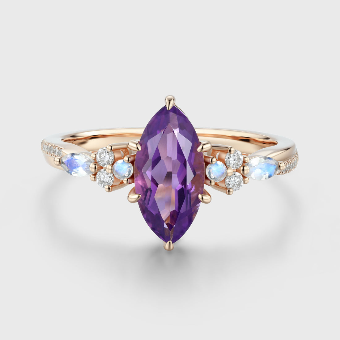 Inspired  Marquise cut Amethyst Matching Diamond | Moonstone Solid Gold Engagement Ring
