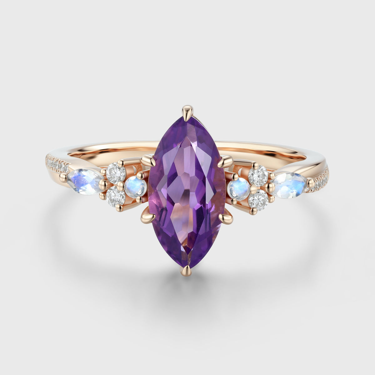 Inspired  Marquise cut Amethyst Matching Diamond | Moonstone Solid Gold Engagement Ring