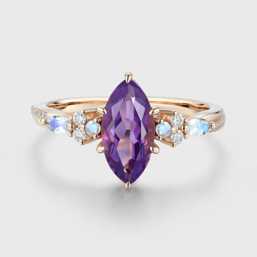 Inspired  Marquise cut Amethyst Matching Diamond | Moonstone Solid Gold Engagement Ring
