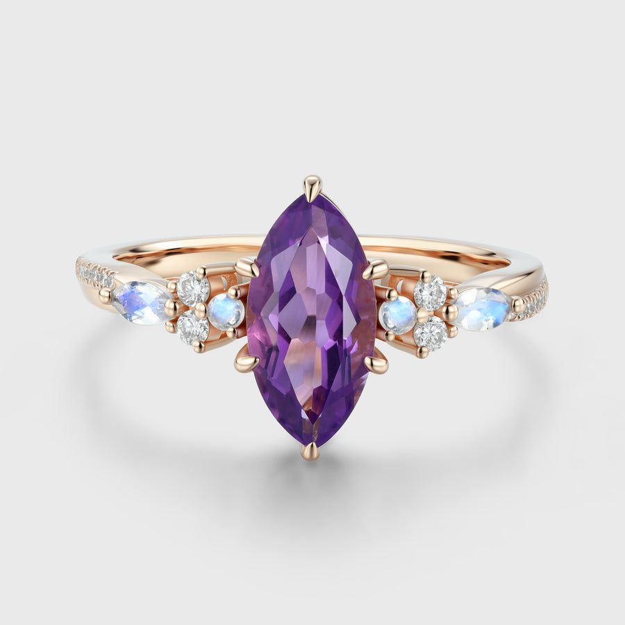 Inspired  Marquise cut Amethyst Matching Diamond | Moonstone Solid Gold Engagement Ring