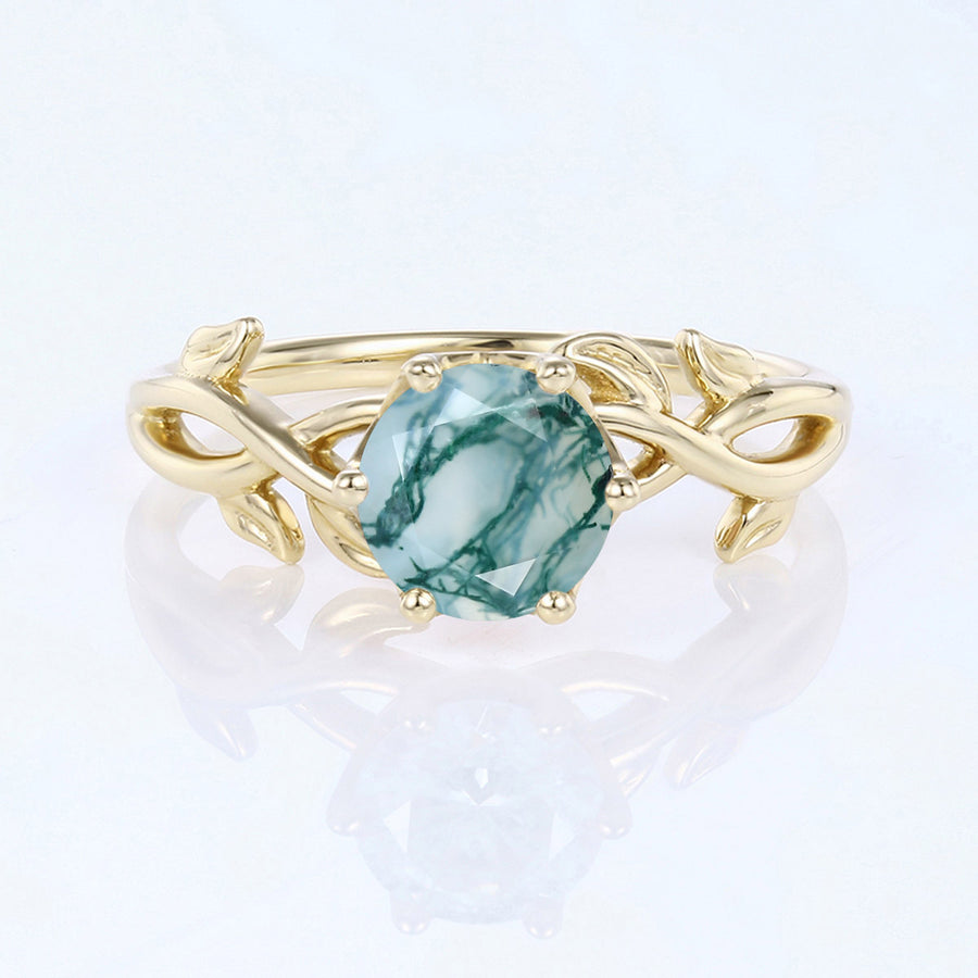 Nature Inspired Roud cut Moss Agate Leaf Gold ring set