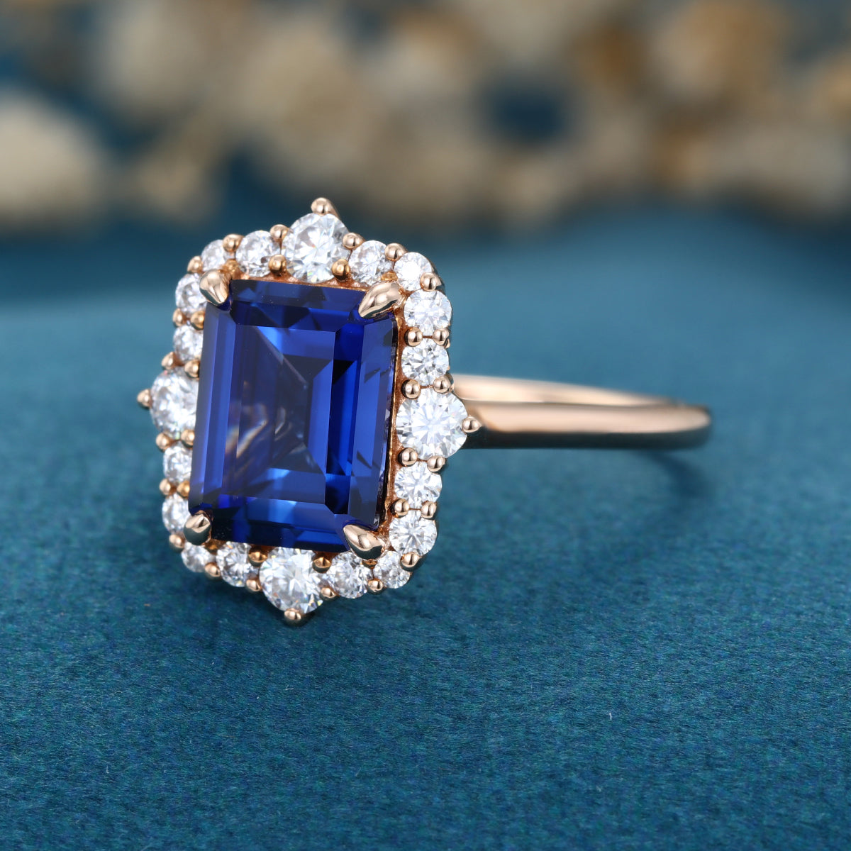 Emerald cut Lab Blue Sapphire Solid Gold Engagement Ring