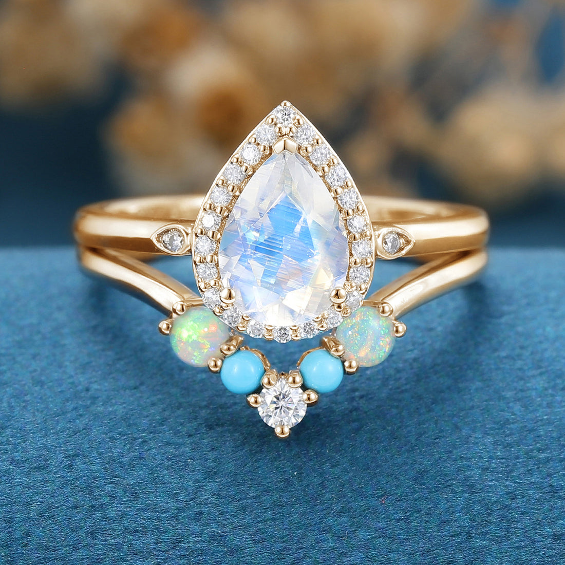Pear cut Moonstone Halo  Engagement ring Bridal Set