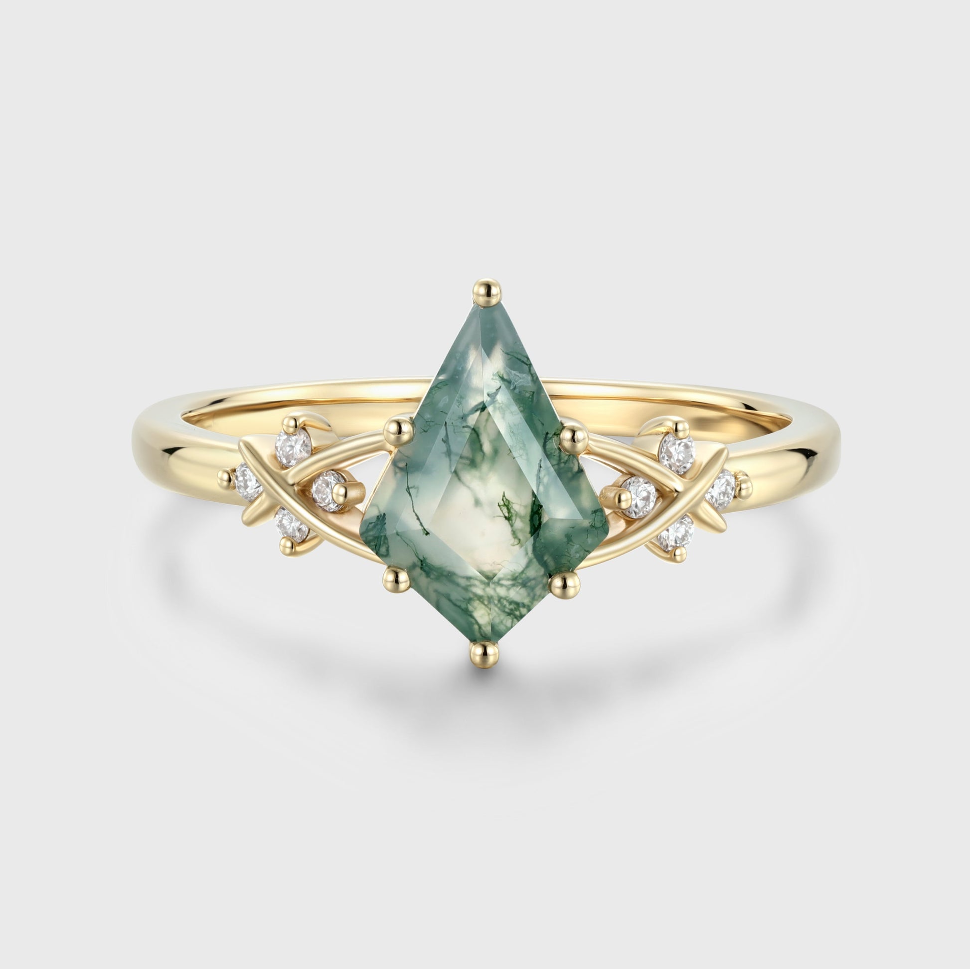 Kite Cut Natural Green Moss Agate Cluster Engagement Ring
