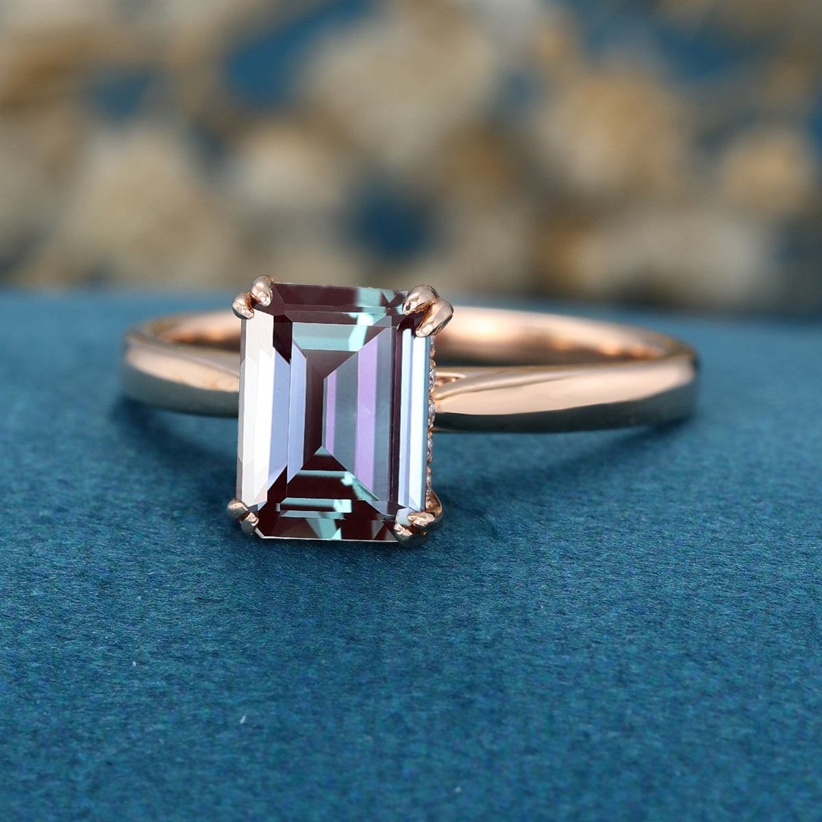 Emerald cut Lab Alexandrite Solid Gold Engagement Ring
