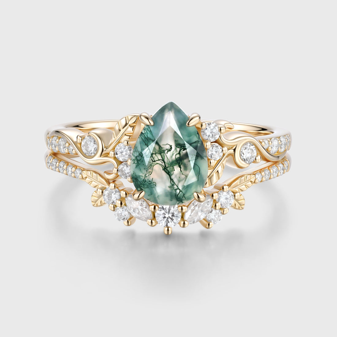 Pear cut Moss Agate Leaf‑Vine Bridal Set